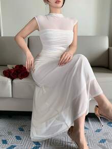 DAZY Women's Summer Sleeveless Mesh Patchwork Fitted Elegant Dress - Apricot - View 1