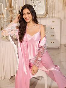 LuxeNights 3pcs Set: Embroidered Trim Faux Silk Camisole, Pants And Robe Sleepwear Set - Pink - View 6