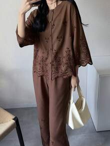 FRIFUL Women's Solid ColorEmbroidered Fabric Loose Casual 2 Pieces Set, Suitable For Spring And Summer Lounge Sets For Women - Coffee Brown - View 6