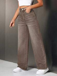 SHEIN Tall Jeans casuales de cintura alta con bolsillos y pierna ancha para mujer - Café integral - Ver 5