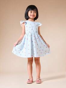 SUMWON Vestido de verano de estilo ajustado y acampanado con mangas de volantes a rayas y estampado de flores pequeñas, para uso casual de día, longitud midi y estilo línea A para niñas - Azul - Ver 1