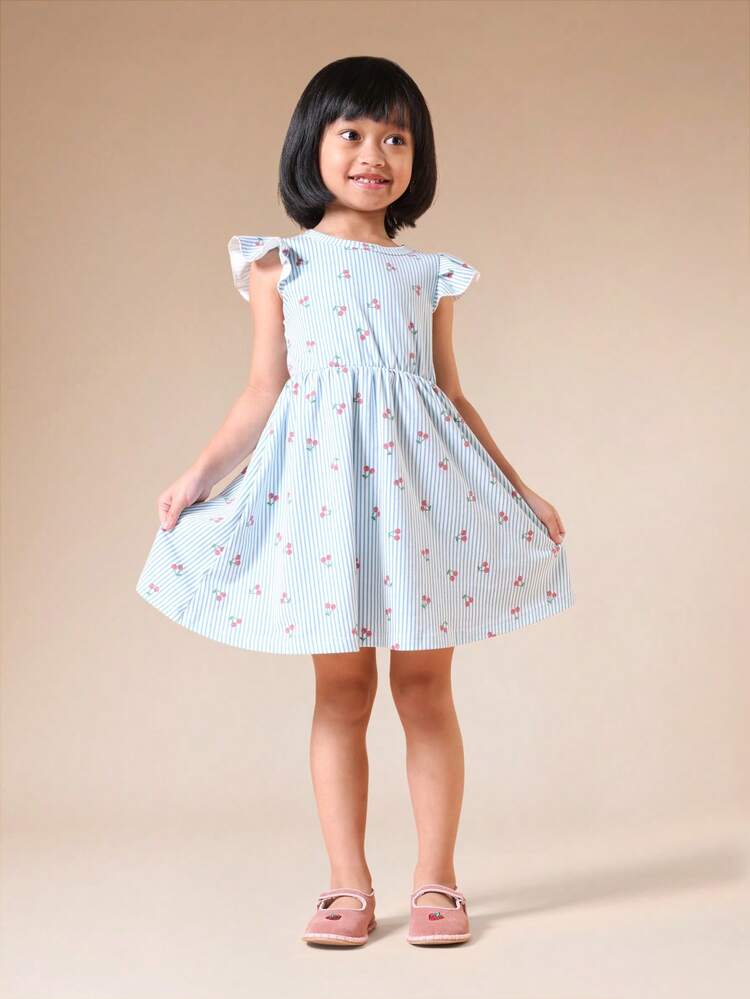 Striped Floral Flutter Sleeve Dress