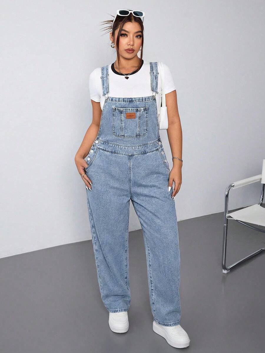SHEIN ICON Plus Size Casual Versatile Washed Denim Bib Overalls - Light Wash - View 1