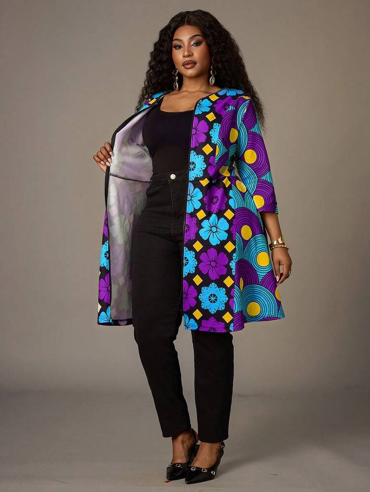 Plus Size Women Floral Print Casual Versatile Daily Wear Long Sleeve Jacket Juneteenth Outfits For Women Ankara African Dress African Print Outfit For Women Caribbean Outfits For Women