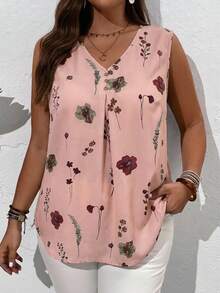 EMERY ROSE 大码夏季乡村风V领印花无袖衬衫，休闲款 - 粉色 - 查看 6