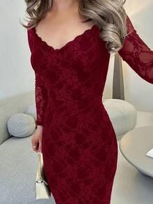 Jemour 女士纯黑色蕾丝露肩紧身鱼尾连衣裙，适合约会和聚会 - 酒紅色 - 查看 3