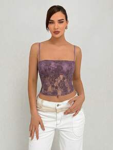 Aloruh Camiseta sin espalda con cuello halter de encaje romántica para mujer - Morado - Ver 3