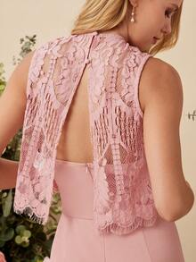 Amorya 2pcs/Set Women Regular Pink Lace Blouse + Maxi Jumpsuit - Pink - View 5