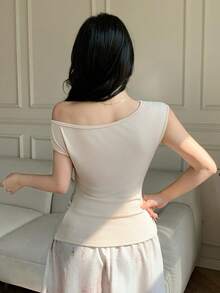 Celisse Apricot Shoulder Cutout Embroidered Floral Elegant Women T-Shirt - Apricot - View 2