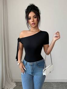 Rafferiza Women's Commute & Vacation Tie Bow Short Sleeve T-Shirt, Suitable For Party And Gathering, Spring/Summer Outfits For Women - Black - View 7