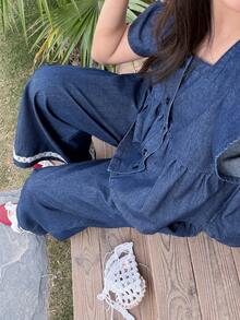 DAZY 2件套少女时尚短袖上衣和阔腿牛仔裤套装，夏季 - 藍色 - 查看 10