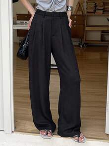 DAZY Women's Solid Color Pleated Casual Versatile Wide Leg Pants For Daily Wear - Black - View 4