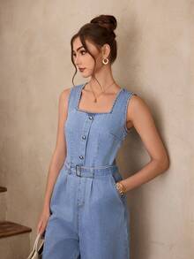 Selenza Women's Casual Everyday Wear & Date Outfit Denim Jumpsuit With Pockets - Blue - View 1
