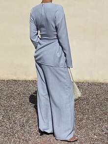DAZY Women's Solid Color Round Neck Twist Design Long Sleeve Top And Wide Leg Pants Casual 2 Pieces Set Lounge Sets For Women - Blue - View 2