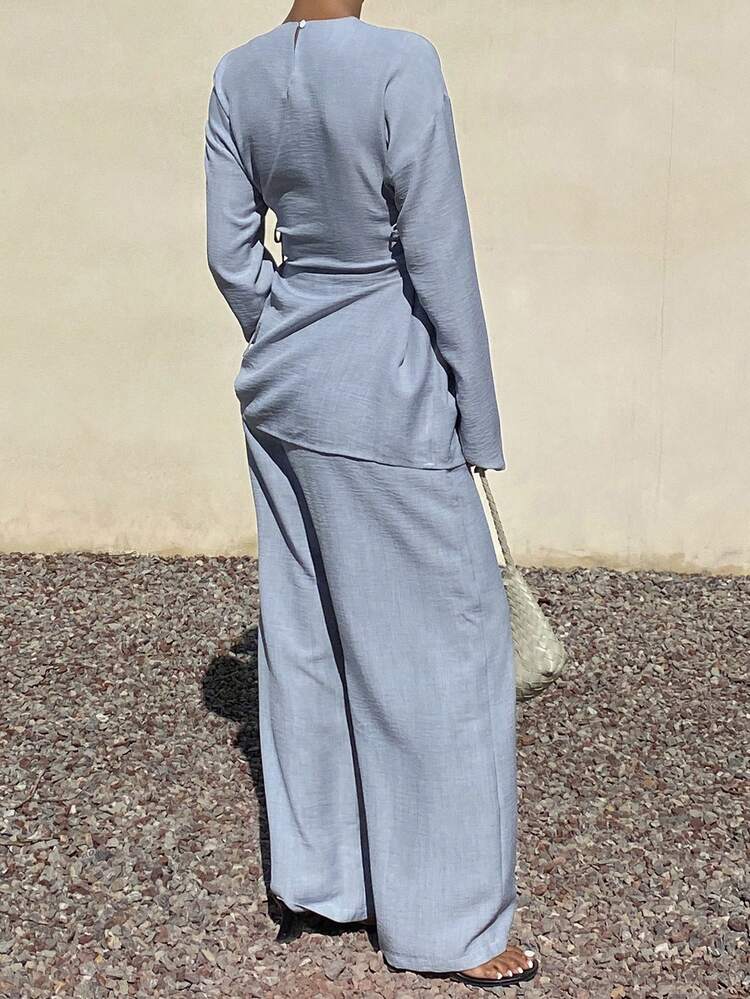 Women's Solid Color Round Neck Twist Design Long Sleeve Top And Wide Leg Pants Casual 2 Pieces Set