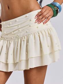 ROMWE Avant Women's Romantic Vacation Pearl Double-Layer Chiffon Ruched Mini Skirt - White - View 10