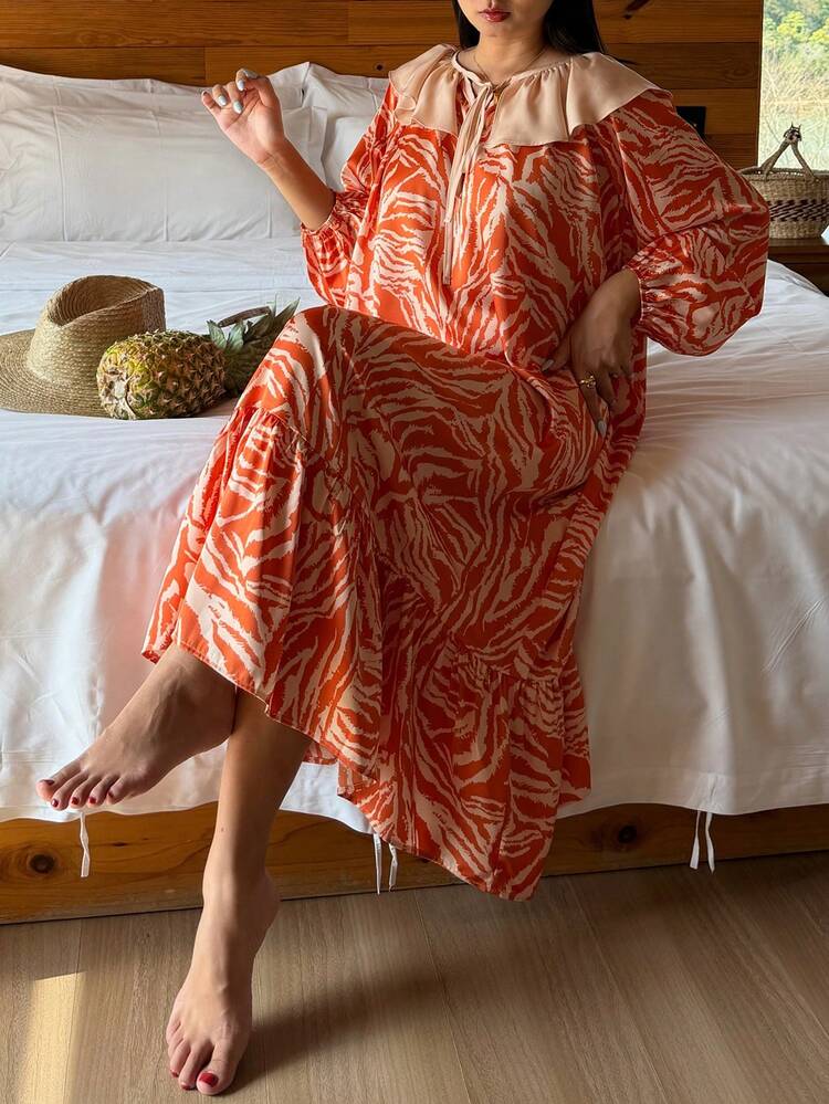 Charming Resort Style Animal Print Pattern Ruffle Trim Women Nightgown
