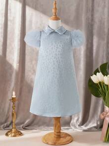 Elladie kids 1pc Girls Summer New Loose Fit Collared Dress, Flared Sleeves, Mesh Design, Straight Silhouette, Simple Yet Fashionable & Elegant Princess Style - Blue - View 4