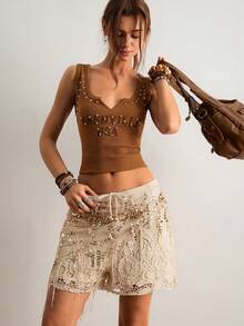 Freevana 女士刺绣系带宽松针织短裤 - 杏色 - 查看 3