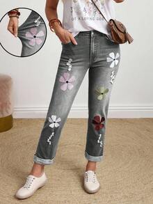 EMERY ROSE Jeans de talla grande con lavado, bordado floral y efecto desgastado - Gris - Ver 3
