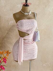 Soleia Spring/Summer New Casual Vacation Western Beach Wedding Guest Attire Graduation Brunch Women's Dress, Elegant Bohemian Tropical Hollow Out Beaded Tassel Valentine's Day Party Pink Mini Dress,Valentine's Day Outfit ,Wedding Party Dress,Sequin Dress - Baby Pink - View 5