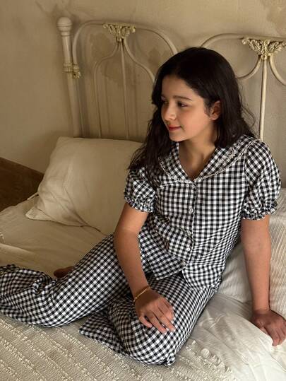 DAZY 少女格子单排扣花瓣袖上衣和阔腿裤休闲家居服睡衣套装