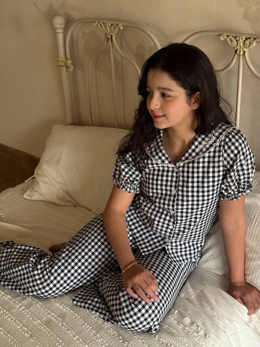 DAZY 少女格子单排扣花瓣袖上衣和阔腿裤休闲家居服睡衣套装 - 藏蓝色 - 查看 1