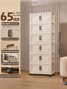 Foldable Multi-Tier Storage Box, Double Door Storage Cabinet For Clothes, Books, Snacks In Bedroom, Living Room, Cream Color - Multicolor - View 3