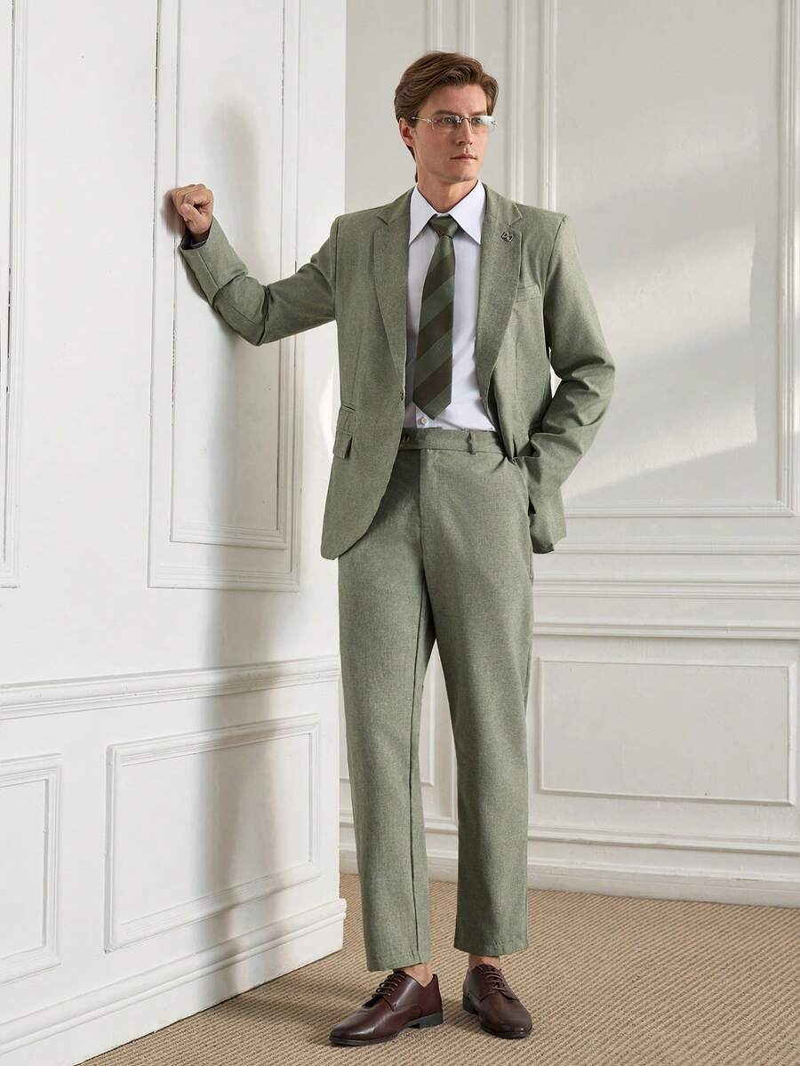 Officeau Bộ vest công sở thường ngày dành cho nam, Bộ vest màu trơn gồm áo khoác và quần, Bộ vest cưới, trang phục thường ngày đơn giản, thời trang dành cho nam, Phù hợp cho ngày lễ tình nhân, kỷ niệm và các dịp khác, Là món quà tuyệt vời cho bạn trai hoặc chồng của bạn. - xanh quân đội - Xem 1