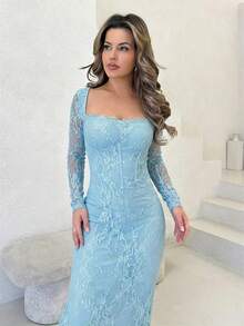 Jemour Women's New Summer Party Date Evening Sexy S-Shaped Lace Long-Sleeved Breast Cup Fishbone Square Neck Tight Bodycon Black Maxi Dress Baby Blue Lace Dress Light Blue Long Sleeve Dress Baby Blue Elegant Dress Light Blue Maxi Dress Blue Lace Evening Gown Formal Dresses For Wedding Guest Lace Long Dress,Party Dress,Fall Dresses For Women ,Petite Women - Baby Blue - View 6