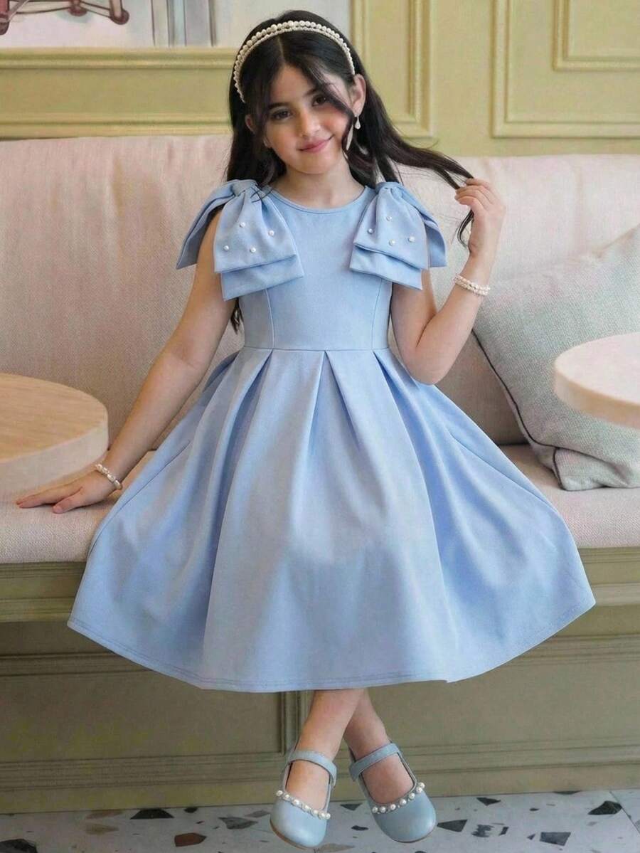 Gaun Anak Perempuan Remaja Musim Semi/Panas Elegan dengan Hiasan Manik-Manik dan Pita Biru Besar - Biru - View 1