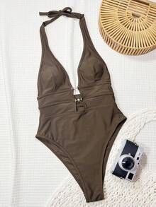 Swim SXY 女士黑色深V领露背性感连体泳衣，节日波西米亚风 - 咖啡棕 - 查看 4