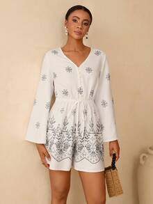 Vesra 女士印花V领长袖休闲连体裤 - 白色 - 查看 5