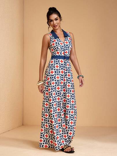 JIAN LASALA Multicolor Print Contrast Color Collared Button-Up Sleeveless Women Summer Casual Jumpsuit