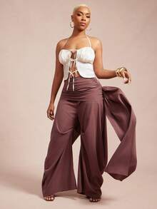 Vixey Solid Woven High Waist Gathered Sash Wide Barrel Leg Pants - Brown - View 1