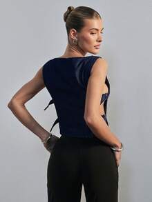 Hauture Áo denim nữ hở hông có khóa điều chỉnh, kiểu dáng gợi cảm hiện đại, phù hợp cho công sở. - Rửa tối - Xem 6