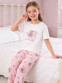 Conjunto de pijama con pantalón corto rosa y estampado de oso durmiente lindo para niñas - Rosa vieja - Ver 4