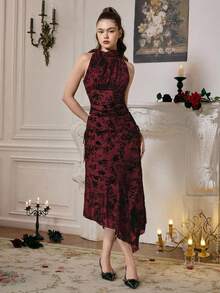 SHEIN MOD Áo kiểu nữ không tay, ôm dáng, thanh lịch, cổ đứng, xếp ly hình bướm, thắt nơ, màu mơ, thích hợp mặc mùa thu, áo công sở, áo dự tiệc, áo chuyên nghiệp, trang phục mùa thu. - Màu Đỏ Sâu - Xem 4