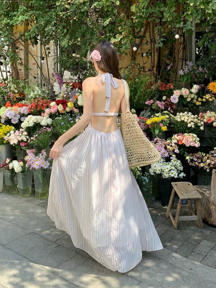 Women's Summer Halter Backless Striped Fabric Waist Cinched Dress, Vacation Style Sun Dresses For Women
