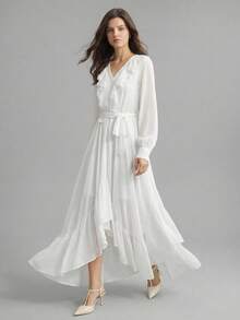 Ontre 2026春夏新款浪漫荷叶边下摆A字宽松连衣裙，适合情人节和婚礼季 - 白色 - 查看 10