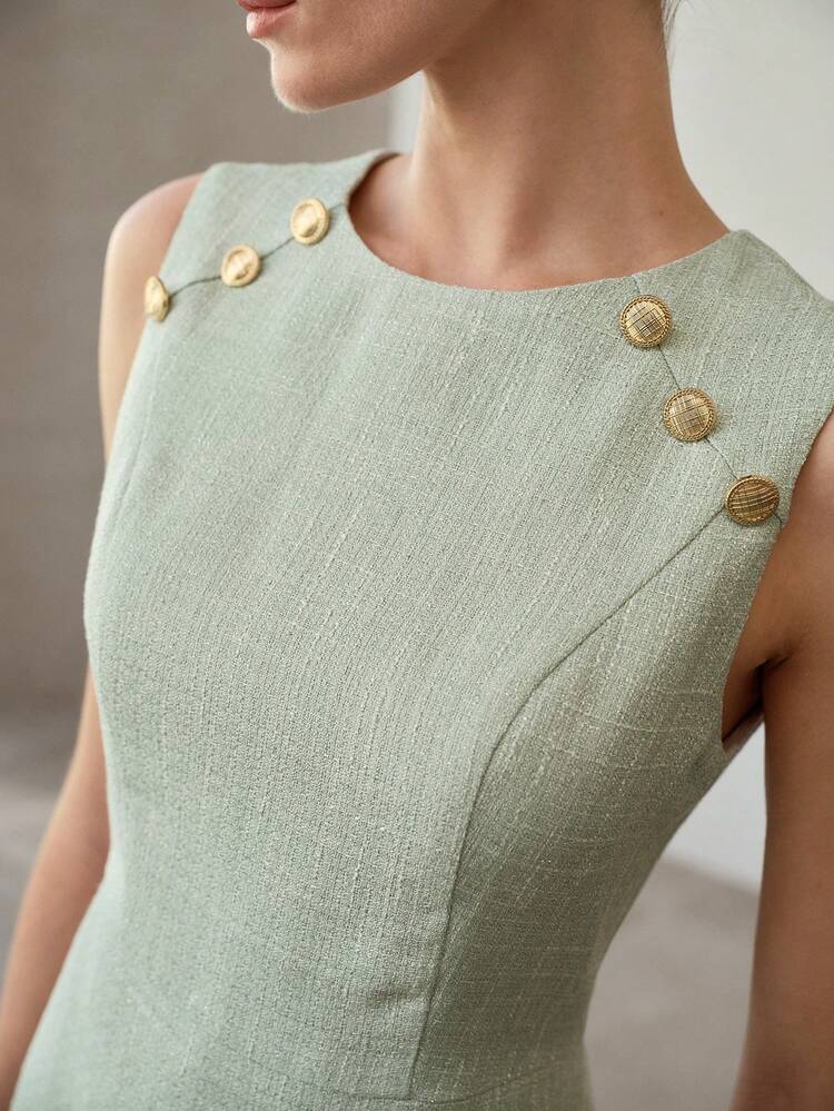 SPRING/SUMMER SLEEVELESS WAIST CINCHED ELEGANT FISHTAIL HEM METAL BUCKLE ACCENT MINI DRESS, GRACEFUL & SOPHISTICATED, BLUE-GRAY