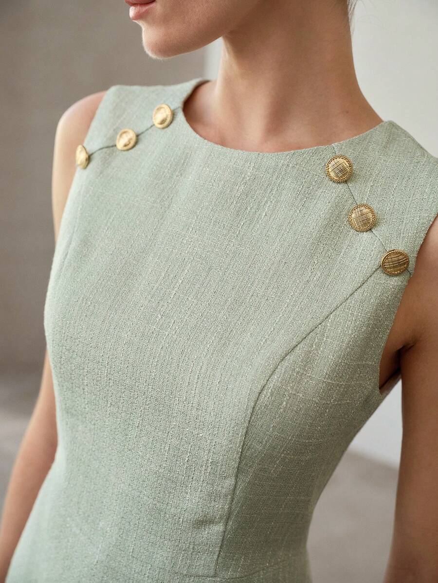 MOTF PREMIUM VÅR/SOMMAR ÄRMLÖS MIDJA ELEGANT FISKSVANSFÅLL MED METALLSPÄNNE OCH ACCENT, GRACEFUL OCH SOFISTERIKERAD, BLÅGRÅ - Ljusgrön - Visa 2