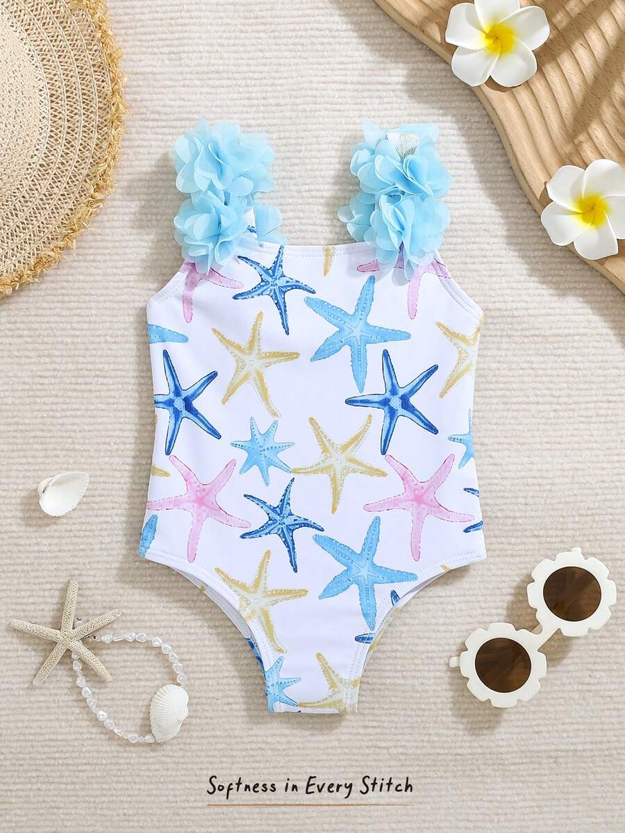 SHEIN Baby Girl Starfish Pattern Ruffle Trim One-Piece Swimsuit, Baby Girl - Blue - View 1