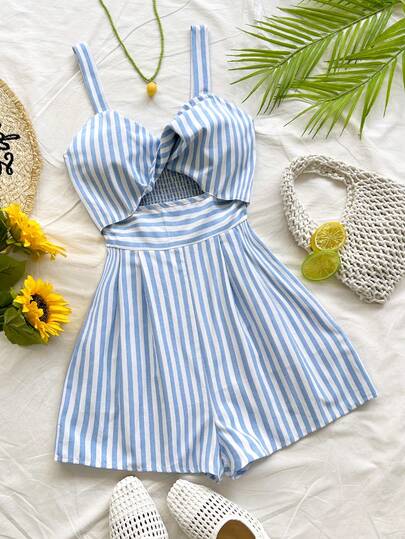 Soleia Women's Vacation Casual Striped Twist Hollow Out Romper Summer Beach Vacation Holiday