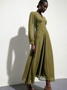 Aveloria Modichic Elegant Olive Green Chiffon Dress For Women,V-Neck Long Puff Sleeve Silk Dress, Retro Style For Autumn Tea Party,Office,Commute & Gatherings - Army Green - View 1