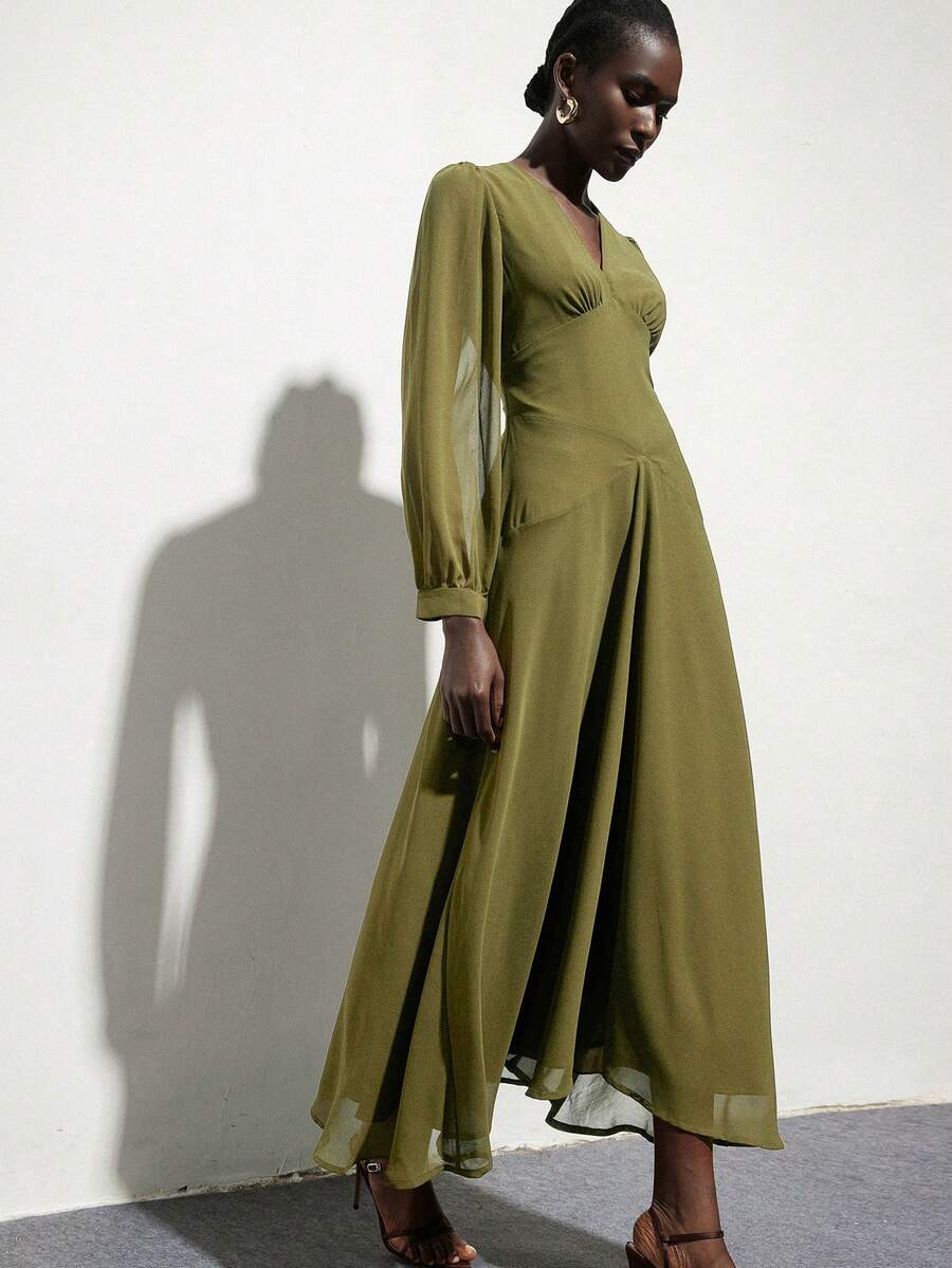 Aveloria Modichic Elegant Olive Green Chiffon Dress For Women,V-Neck Long Puff Sleeve Silk Dress, Retro Style For Autumn Tea Party,Office,Commute & Gatherings - Army Green - View 1