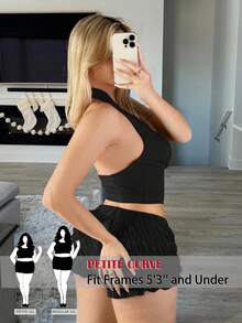 SHEIN PETITE CURVE Áo hai dây cổ yếm màu trơn dành cho nữ cỡ lớn - màu đen - Xem 9