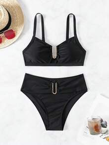 Swim Chiccia 2026 Spring/Summer Women's Black Thick Strap Adjustable Solid Color Gold U-Shape Decor High Cut Bikini Bottom Two Pieces Swimsuit Set - Black - View 4
