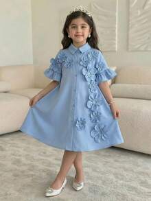 Đầm dệt hoa 3D màu trơn cho bé gái, kiểu dáng thường ngày. - Màu xanh lam - Xem 3