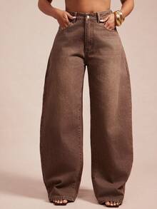 Vixey High Waist Slant Pocket Casual Barrel Leg Jeans - Brown - View 1